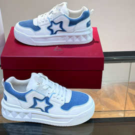 欧洲站新款牛皮拼接帆布厚底透气休闲板鞋广州货外贸男鞋