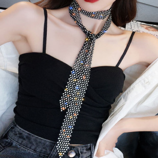 European and American Style Long Tassel Collarbone Chain with Multiple Rows of Rhinestones, Black Vintage Necklace with Diamond-Studded Tie for Women
