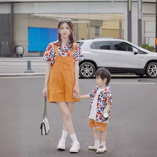 花衬衣亲子装夏季印花宽松设计感小众中大童装复古短袖衬衫上衣