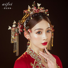秀禾頭飾新娘中式鳳冠大氣復古紅色流蘇發釵步搖發飾秀禾服配飾