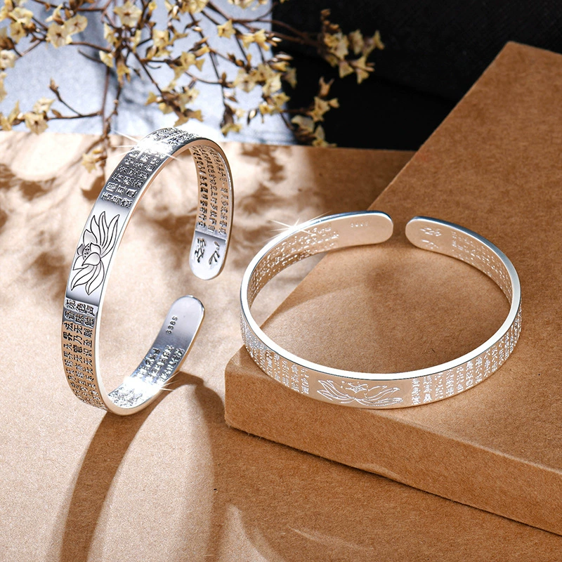Mantra bracelet female opening lotus, Thai silver solid, retro country-style cuff 13 cm