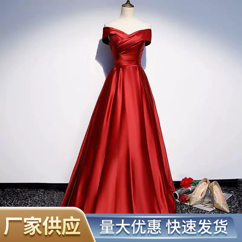 红色敬酒服新娘2022结婚新款冬季一字肩高贵礼服简单大方修身显