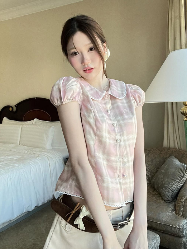 甜美泡泡袖格纹印花衬衫新款少女可爱风修身显瘦气质短袖上衣女|undefined