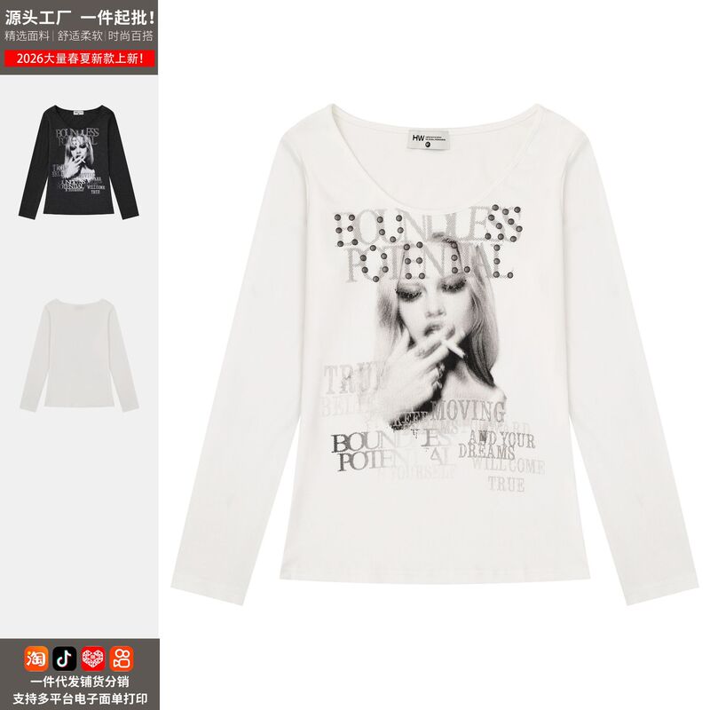 American retro hot girl style portrait and letter print long-sleeve t-shirt for women, slim fit, versatile and slimming top - direct from the manufacturer American retro hot girl style portrait and letter print long-sleeve t-shirt for women, slim fit, versatile and slimming top - direct from the manufacturer