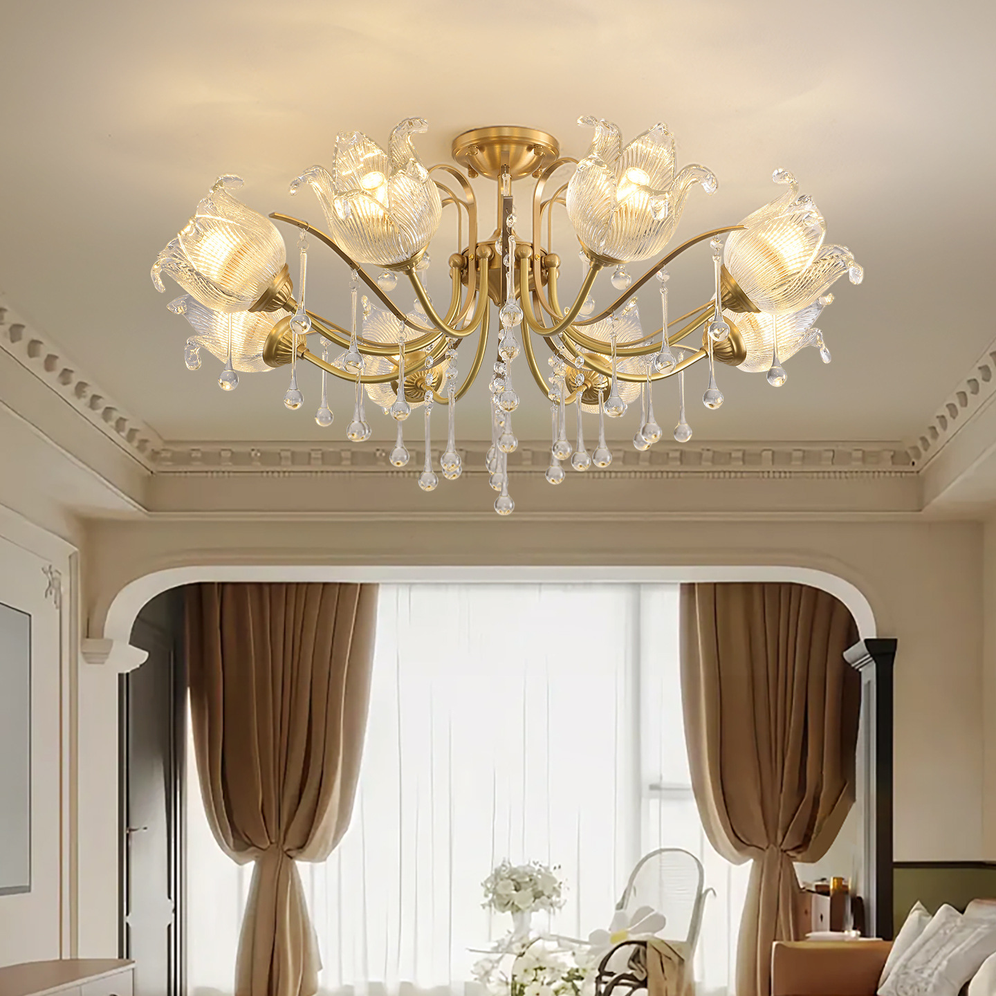 Lámpara de la sala de estar francesa nueva simple lujosa romántica retro pasillo luz principal flores frescuras lámparas de cristal 413L