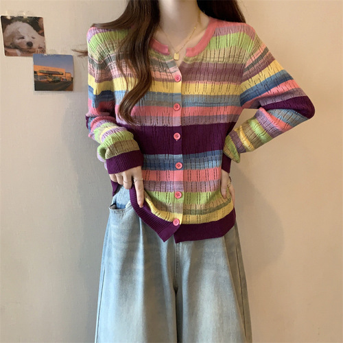 Autumn new style striped fashion all-match foreign style age-reducing dopamine wear long-sleeved knitted cardigan top for women