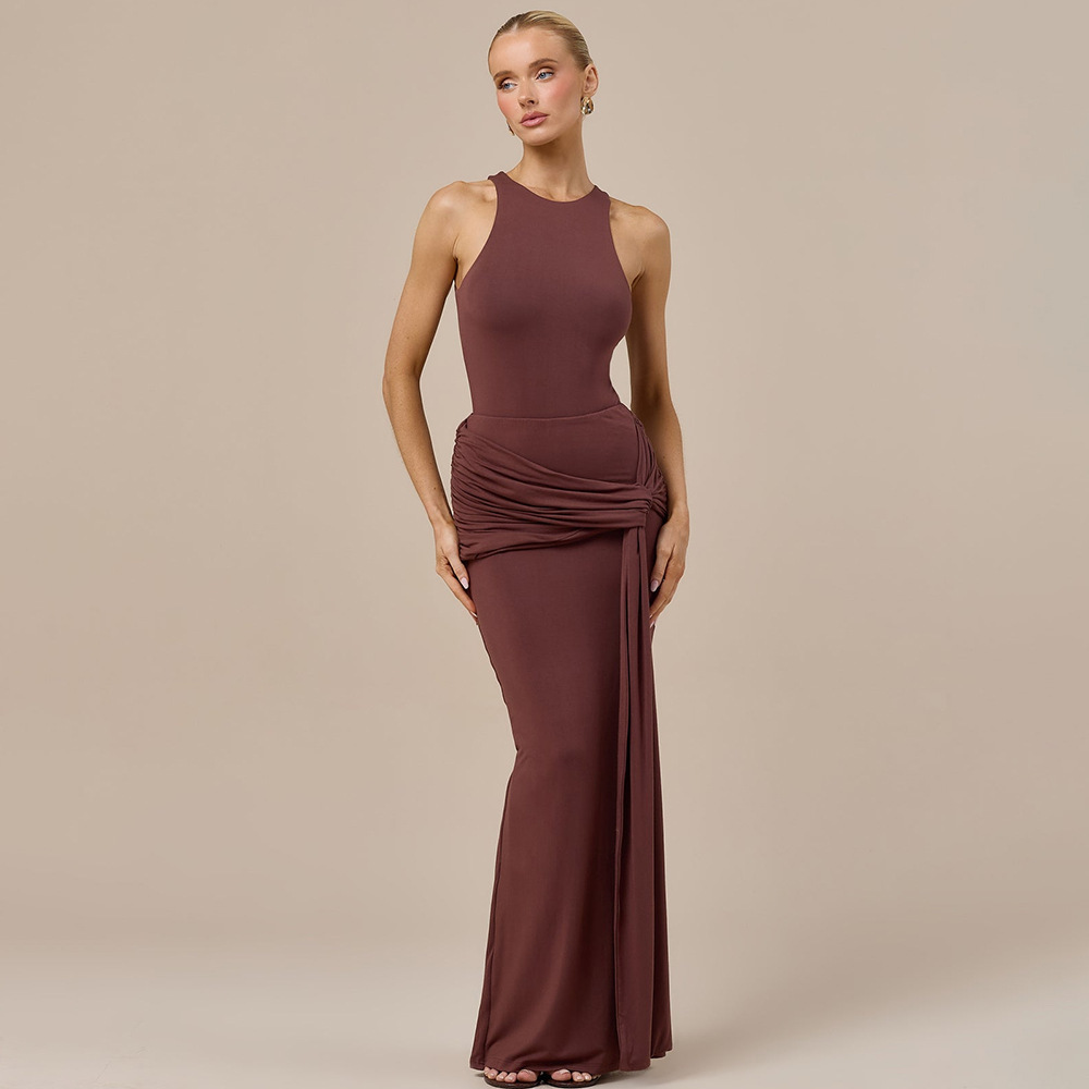 2026 otoño nuevo temperamento sexy delgado vestido largo sin mangas de color sólido vestido de cintura image 1