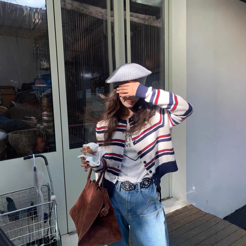 小狗刺绣秋季长袖条纹针织衫圆领开衫女设计感百搭短款上衣女装|undefined