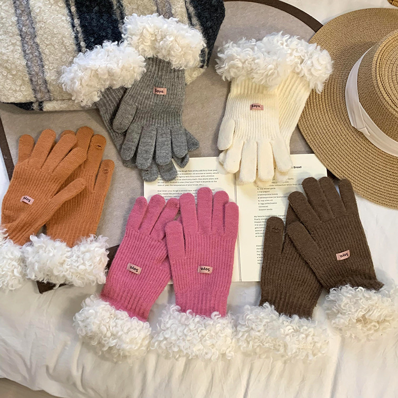 Nuevos guantes de borde de peluche coreanos para mujeres otoño invierno versátil grueso guantes de dedo de pantalla táctil de lana cálida