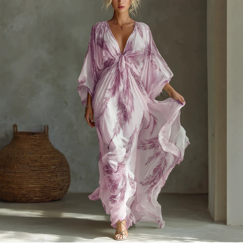 2026 Summer New Style European and American Style V-Neck Printed Long Dress Holiday Style Lantern Sleeve Flowing Dress Spring and Summer New Style 2026 Summer New Style European and American Style V-Neck Printed Long Dress Holiday Style Lantern Sleeve Flowing Dress Spring and Summer New Style