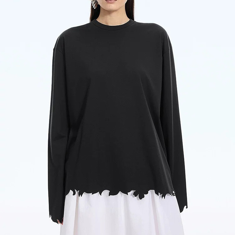 Jn26 Spring New Product, Unique Niche Design, Paper-Cut Hem, Long Sleeves, Irregular Lace, Loose Round Neck T-Shirt Jn26 Spring New Product, Unique Niche Design, Paper-Cut Hem, Long Sleeves, Irregular Lace, Loose Round Neck T-Shirt