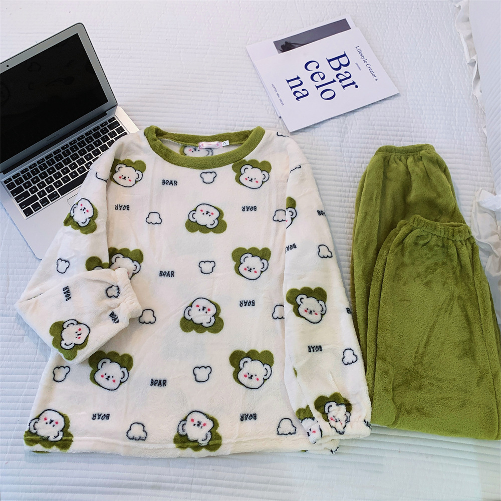 플란넬 파자마 국경 도매 파자마 여성의 가을과 겨울 플란넬 두꺼운 소녀의 홈 의류 세트