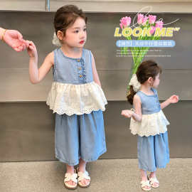 女童洋气套装2025款儿童夏季中小童薄款女孩蕾丝牛仔拼接两件套潮