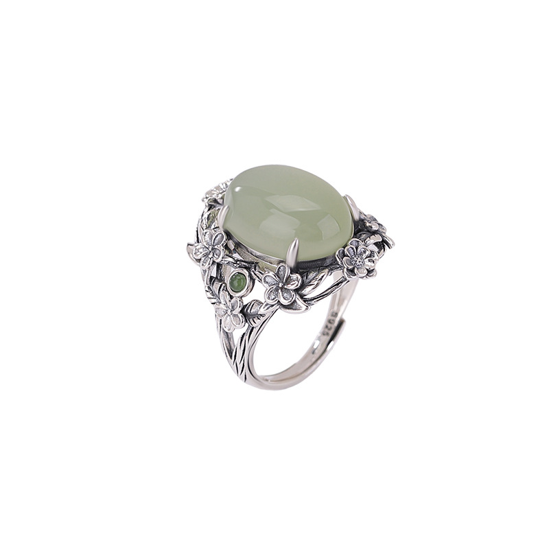 Nhẫn bạc S925 đính ngọc bích Hòa Điền phong cách cung đình hoa dây leo rỗng — Miếng