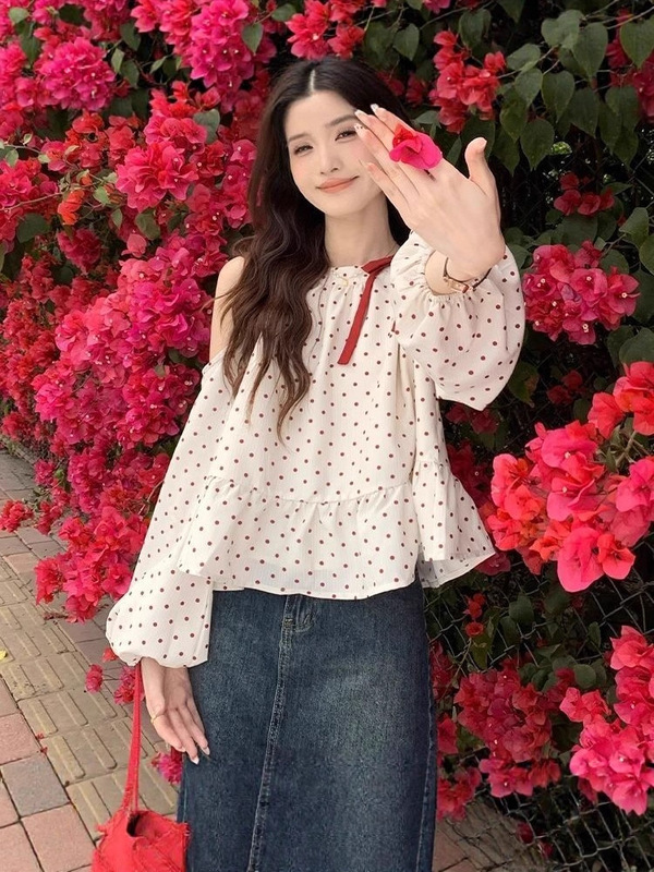 甜美风蝴蝶结波点露肩长袖衬衫女春季少女感显瘦松弛感宽松上衣潮|undefined