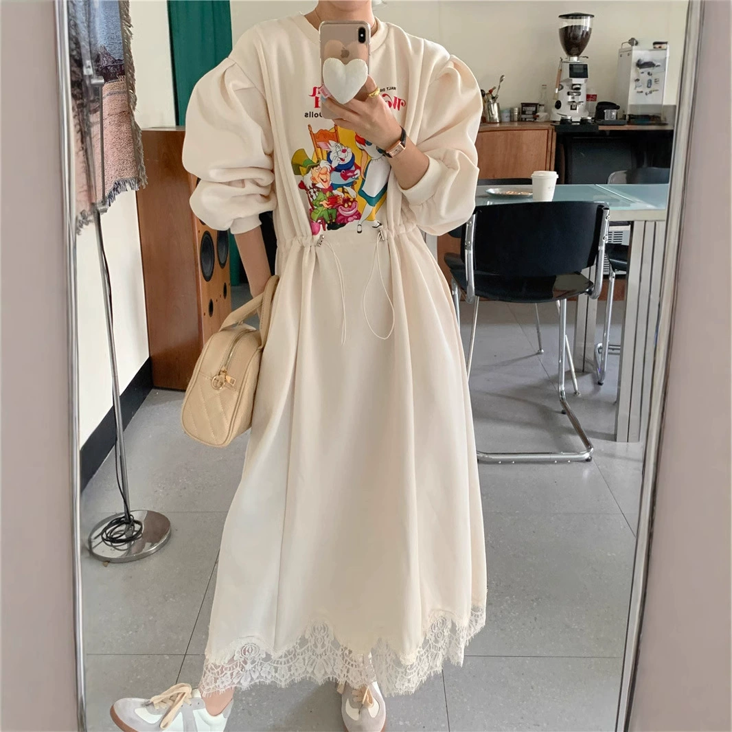 Корейский шикарный зимний новый милый свитшот с героями мультфильмов, утепленное платье на флисовой подкладке с кружевом на шнурке