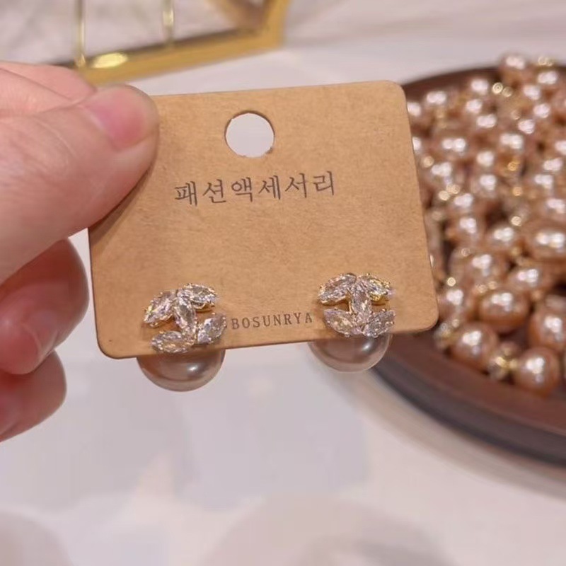 高级感超闪锆石香槟珠珠耳钉耳环轻奢时尚一款两戴式优雅百搭耳饰