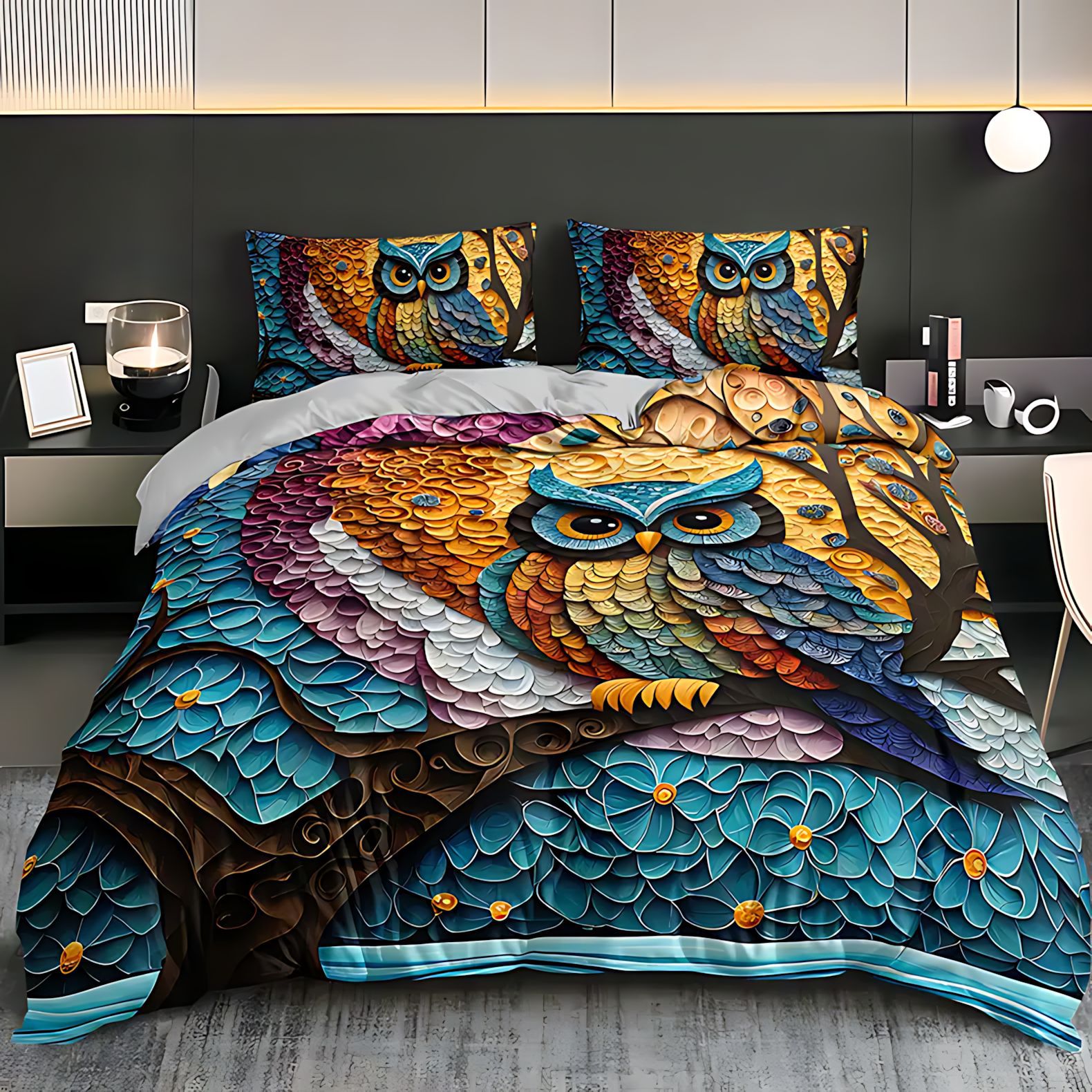 TEMU / JIT abrasión colchón colchón conjunto lindo búho impresión digital 3D ropa de cama exclusiva para el comercio exterior