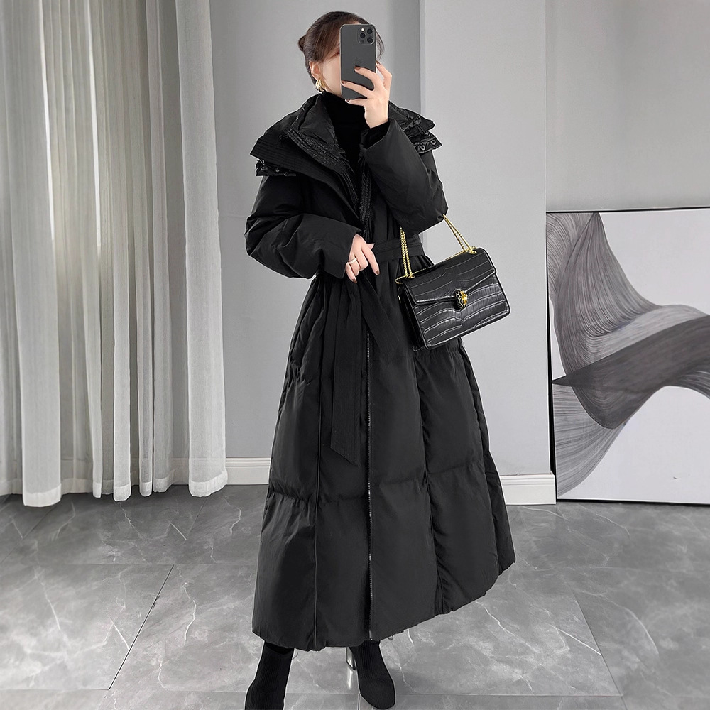 2025 New Women's Winter Slim Fit Extra Long Over-The-Knee Black down Jacket Women's Hooded White Duck down Jacket Thickeneded