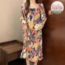 睡裙女款春秋新款带胸垫可爱大码长袖睡衣女士冬天家居服一件代发
