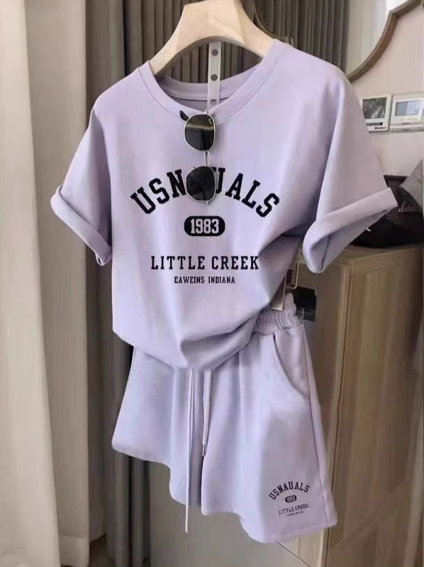 2025年クロスボーダー対外貿易スポーツカジュアルスーツレディース夏服ゆったりおしゃれ年齢軽減半袖ショーツ2点セット洋風|undefined