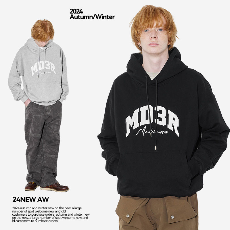 Unf Heavyweight American Casual Satin Patch Letter Embroidery Basic Hooded Sweatshirt Unisex 24 Autumn and Winter New Style