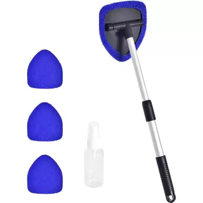 Windshield Cleaning and Defogging Brushes, Car cleaning tools - one-set-five-sided-telescopic-pole-4-blue-cloth-covers-spray-bottle