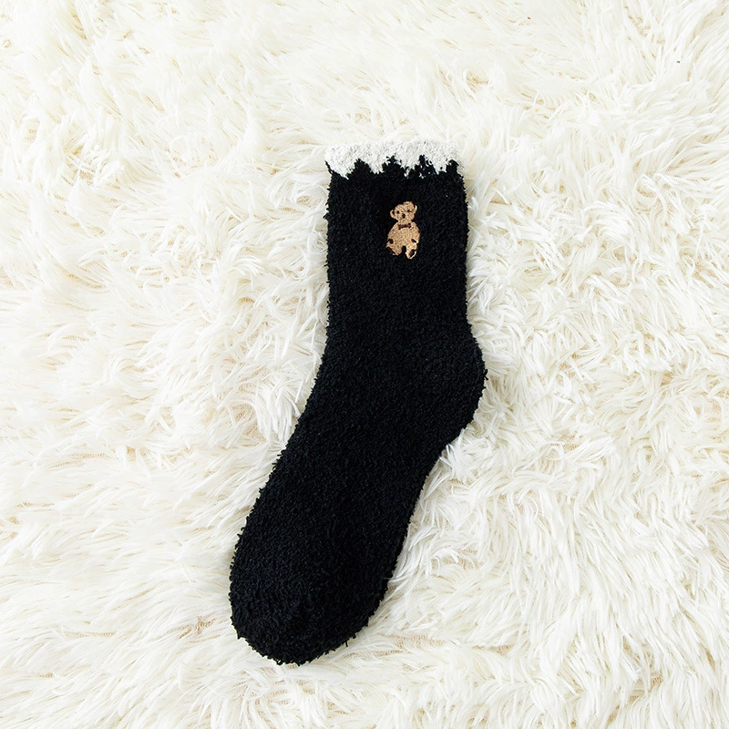 Coral velvet demi-season keep warm cartoon knee socks, with little bears, with embroidery, mid-length, increased thickness