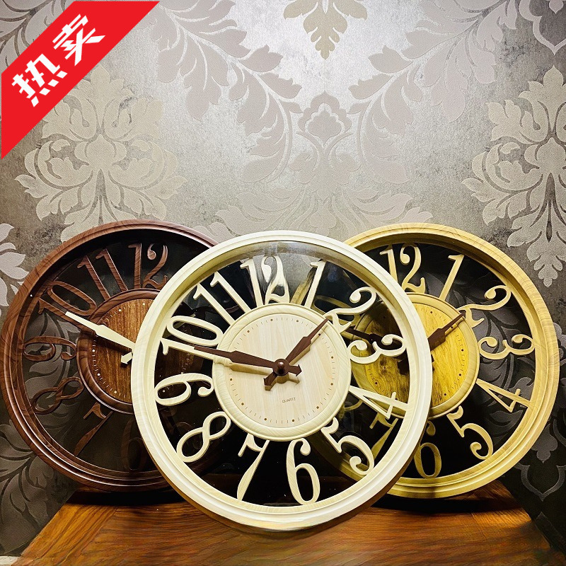 Light Luxury Retro European Style Cut Out Wood Grain Wall Clock 12inch Silent Creative Clock for Living Room Simple