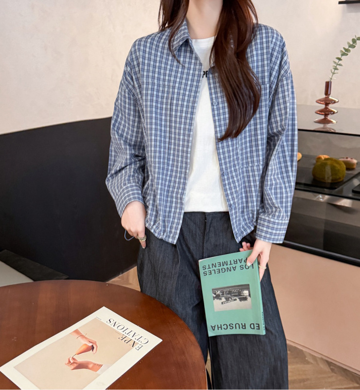 韩版宽松设计感小众秋季新款蓝色格纹长袖上衣女衬衫气质休闲外套|undefined