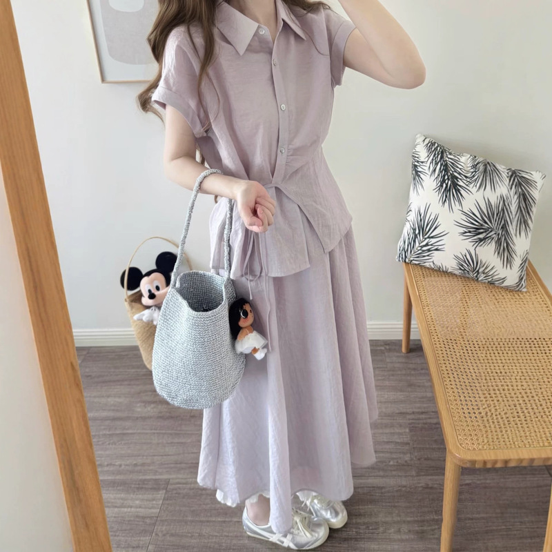 Elegant and sophisticated purple waist-cinching shirt and skirt two-piece set for women, summer slimming and age-reducing outfit for petite figures Elegant and sophisticated purple waist-cinching shirt and skirt two-piece set for women, summer slimming and age-reducing outfit for petite figures