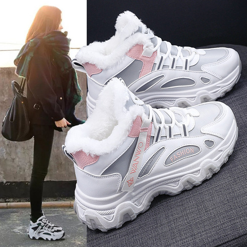 7815 Women's New Black Versatile Leather Surface Ankle Boots for Autumn/Winter with Fleece Flat High-Top Sports Shoes