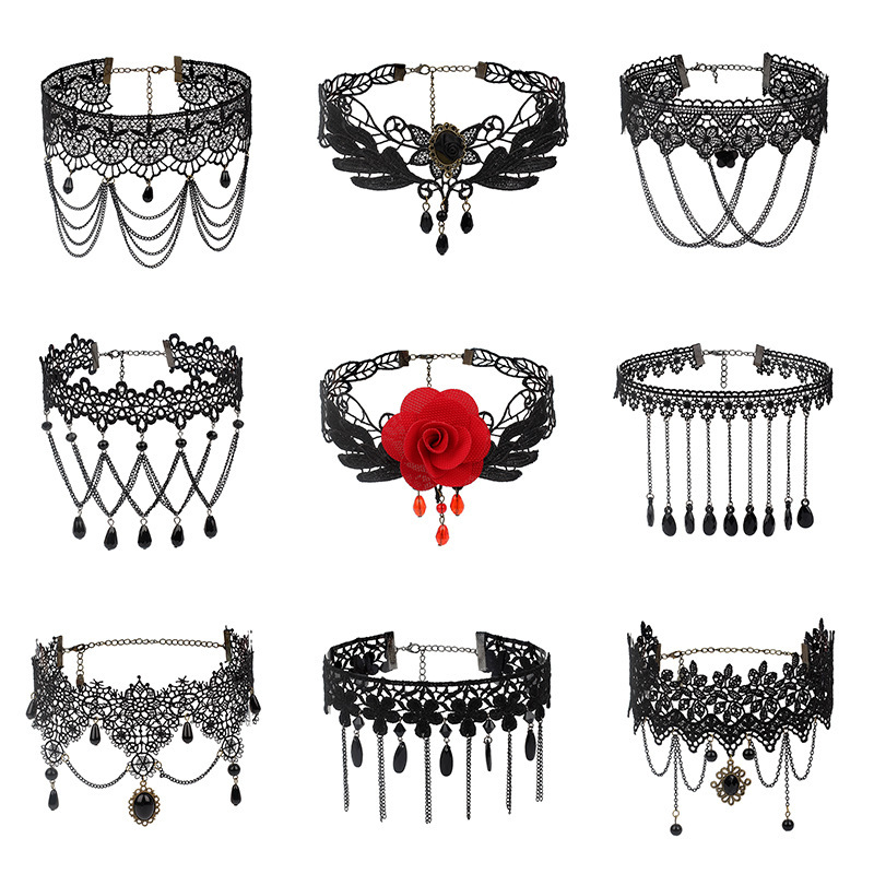 Gothic Chokers Black Beaded Flowers Sexy...