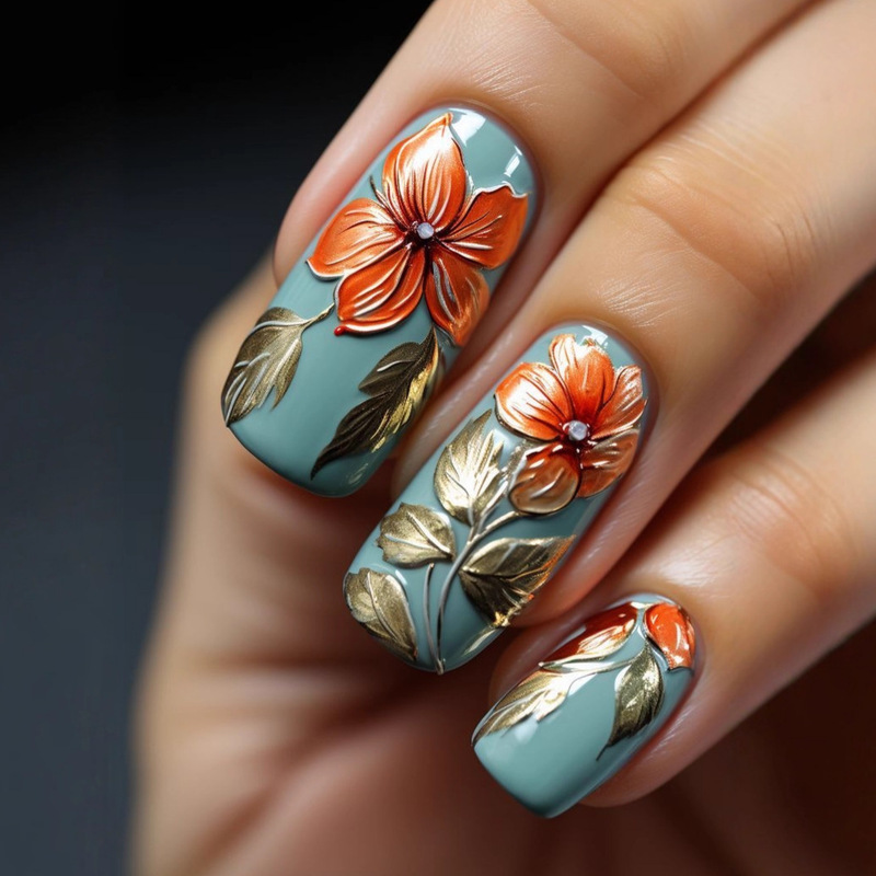 Foreign Trade Hot-Selling Wearable Nails Orange Flower Long Manicure Patch Press on Nails Wearable Fake Nails