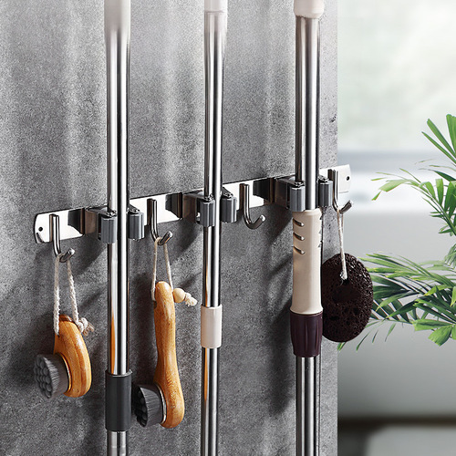 304 stainless steel push-in freestanding broom holder without drilling storage handle rack wall-mounted broom and dustpan clamp broom storage rack wholesale