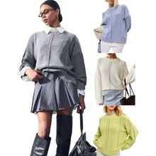 欧美秋冬新款针织衫跨境外贸休闲宽松套头绞花镂空毛衣打底衫上衣