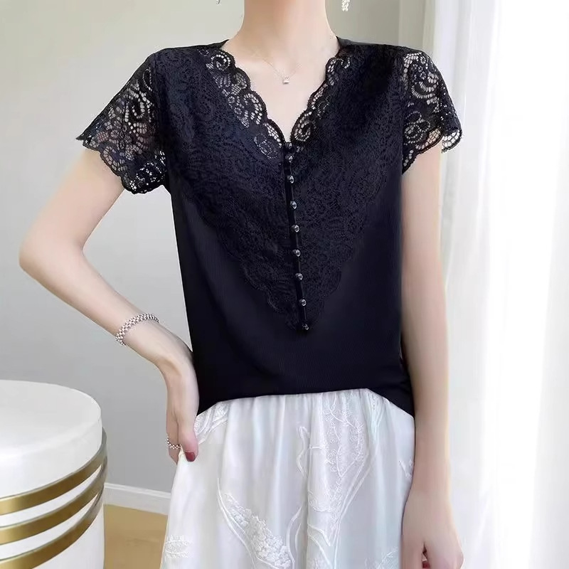 Summer New Large Size Lace Splicing Design 2025 Korean Style Elegant Top Slimming Look and Flesh-Covering Short-Sleeved Bottoming Style