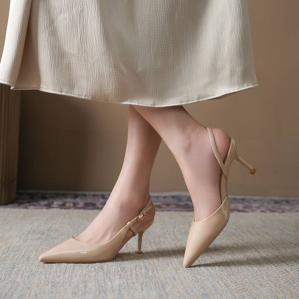 Sandal nữ bít mũi mũi nhọn gót mảnh quai ngang phong cách công sở, gót 6–8 cm — Màu be, Màu đỏ rượu, Vân ngựa vằn, màu đen