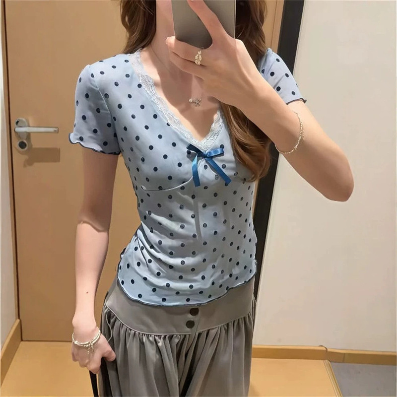 Korean-style chic hot girl polka dot print bow lace spliced V-neck short-sleeve mesh top slim-fit outerwear T-shirt