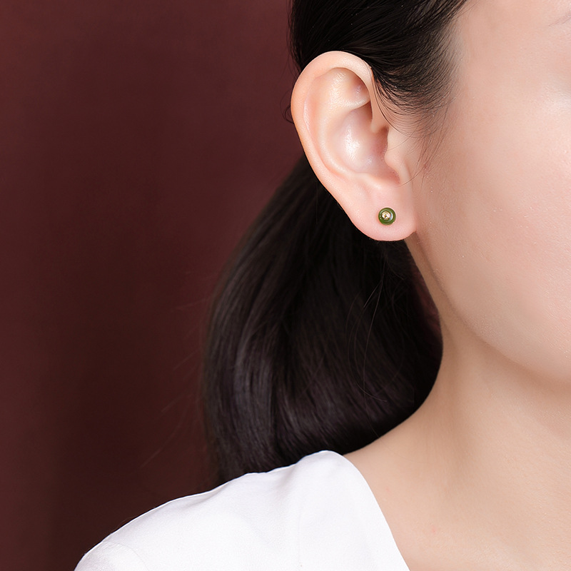 Bông tai bạc S925 mạ vàng đính ngọc Hòa Điền Jasper phong cách Trung Quốc — Kiểu màu bạc