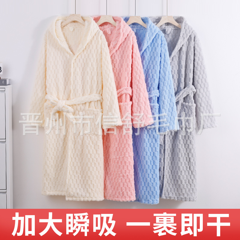 Autumn and Winter Cloud Plaid Coral Velvet Women's Bathing Pajamas Couple's Pajamas Men's Bath Towel Bathrobe Women's Long Style