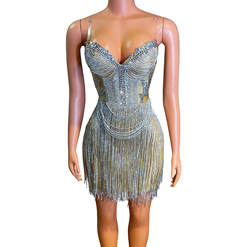 Novance 2024 New Suspender Shiny Diamond Mini Skirt Rhinestone Tassel Club Party Evening Dress