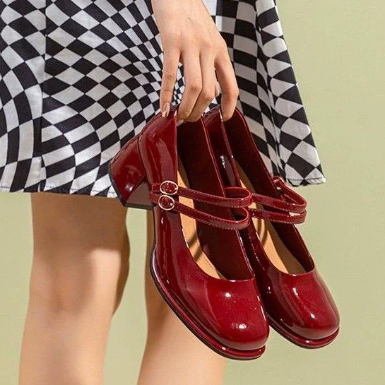 Ретро Мэри Джейн Женские туфли 2024 весна новые квадратные туфли на высоком каблуке темпераментные одиночные туфли красные толстые каблуки свадебные туфли