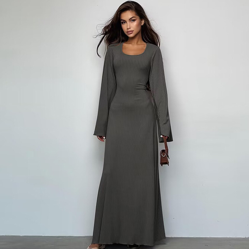 women's clothing 2023 autumn new fashion loose U-neck back tie long-sleeved dress_senzul.com