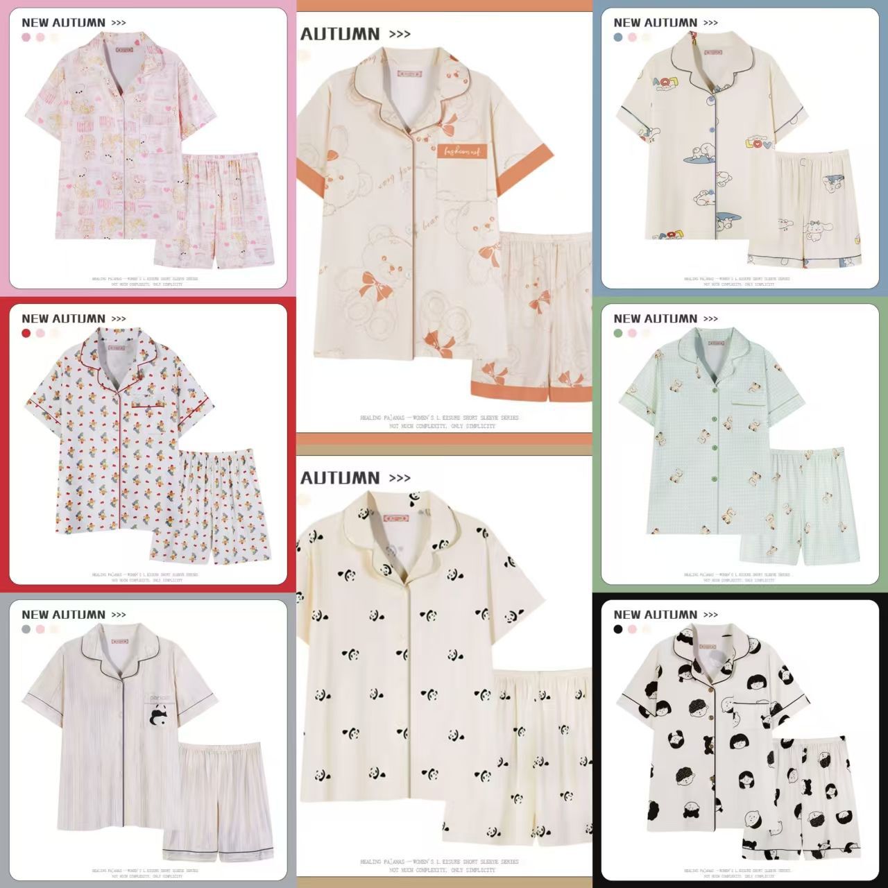 Venta al por mayor transfronteriza 180g pijamas de algodón de imitación mujeres rebeca de verano de manga corta traje de ropa de casa de dibujos animados lindo