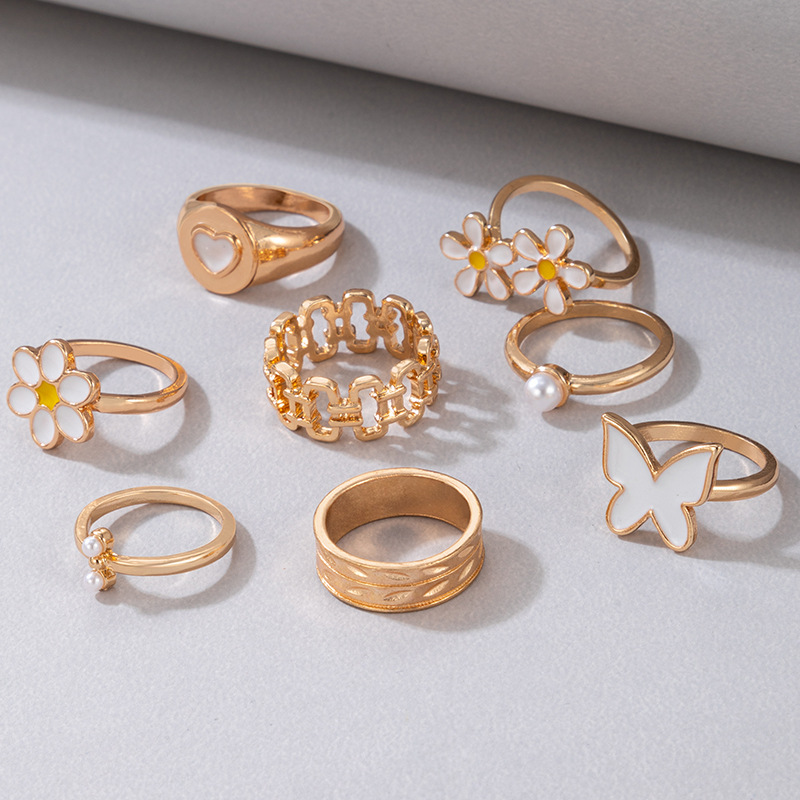 1 Set Fashion Heart Shape Flower Butterfly Alloy Enamel Plating Inlay Pearl Womenu0027S Rings