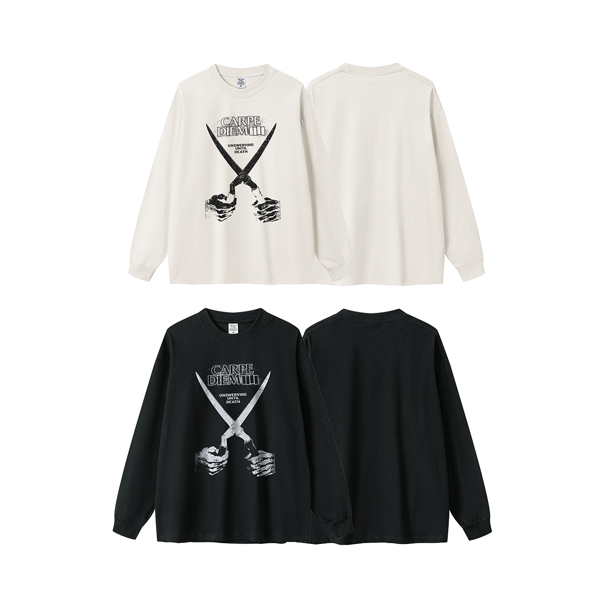 2025 otoño tijeras de banda de moda americana lavado a mano camiseta de manga larga impresión de pulverización directa chaqueta de cuello redondo hombre al por mayor
