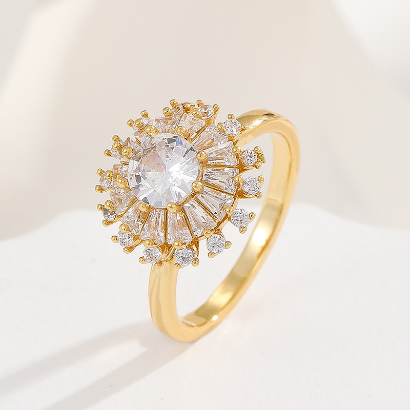 18K oro real color-preservar la suerte de la hierba estilo coreano transfronterizo diamante incrustado rotación de moda abierto anillo ajustable