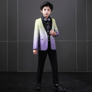Boy kids Purple gradient Host singer stage performance suit outfits children three-piece handsome British wind boy catwalk shows piano performing blazers and pants