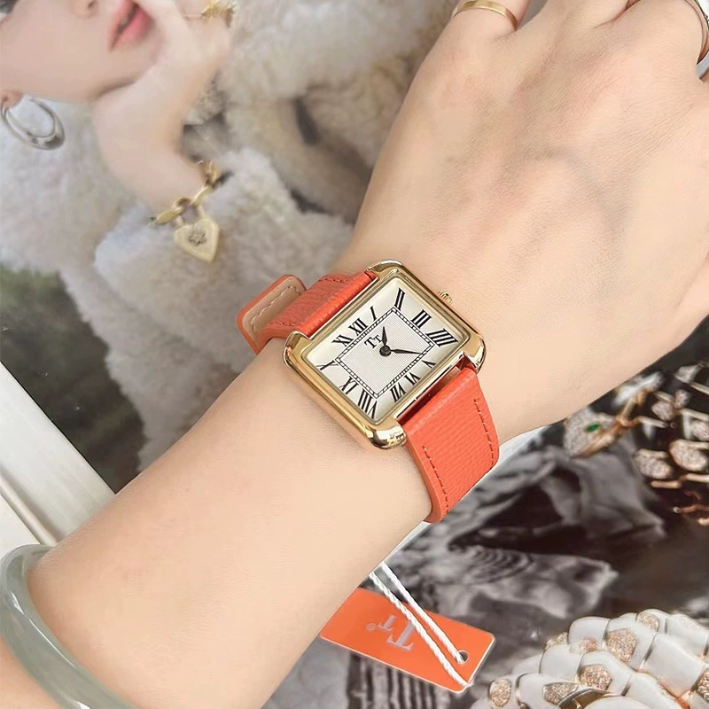Retro square small square watch, belt, simple and elegant design, genuine leather